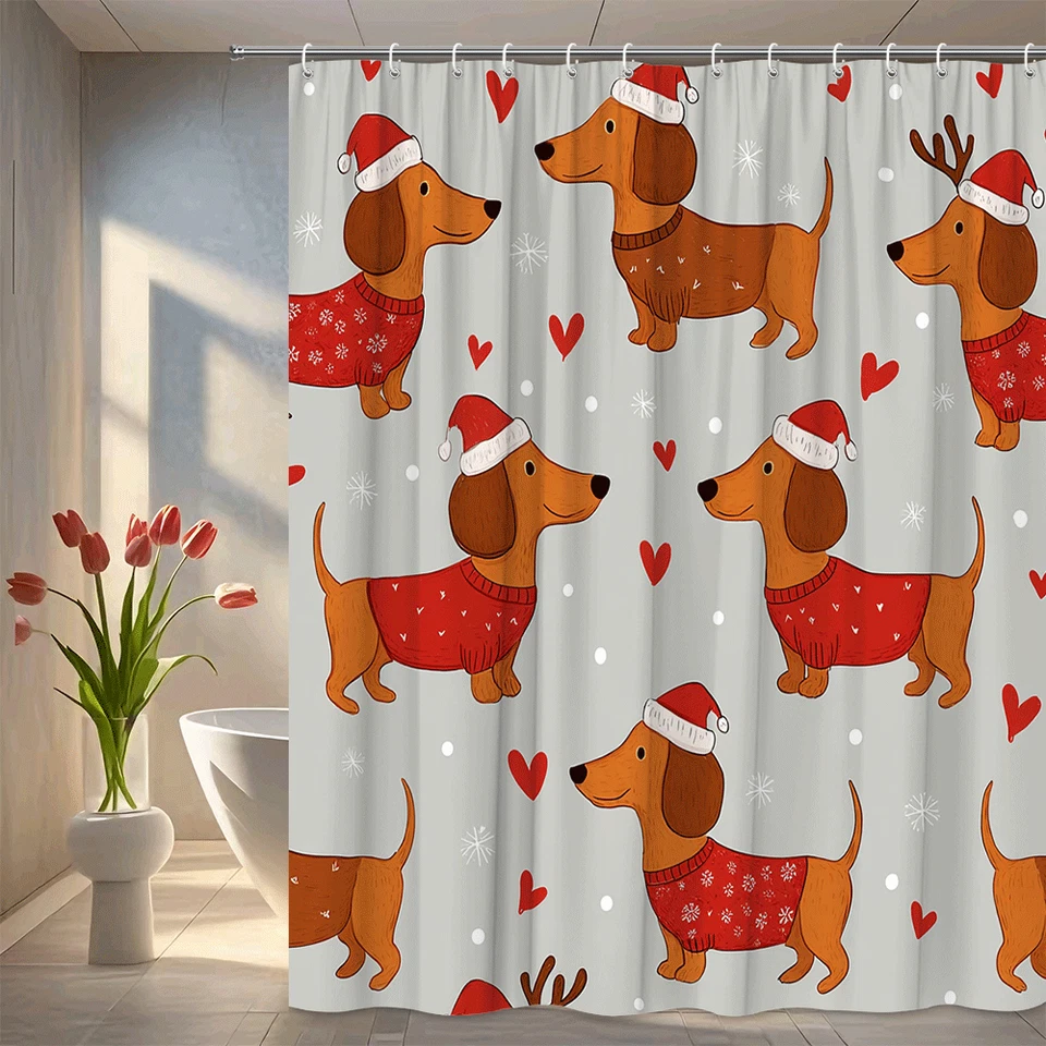Linda Cortina de Ducha de Navidad con Dachshunds y Corazones Foto 1 de 4