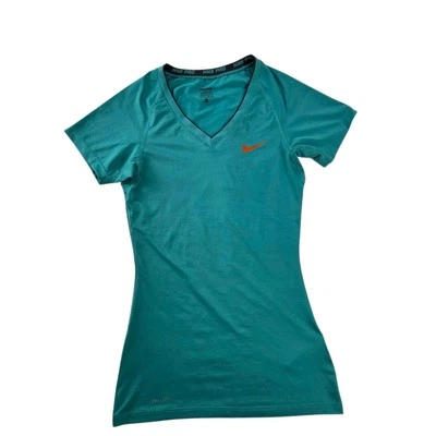 Camiseta Nike Pro ajustada manga corta cuello en V verde azulado y naranja XS Foto 1 de 4