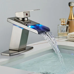 LED Waterfall Bathroom Sink Faucet 1 Handle Vanity Basin Mixer Brushed Nickel - Picture 1 of 8