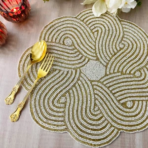 Set of 6, Handmade beaded placemat, Cream and Gold, table mat - Picture 1 of 6