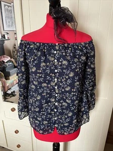 F&F Preloved Navy Blue Floral Bell Sleeve Off The Shoulder Blouse UK Size 8 - Picture 1 of 9