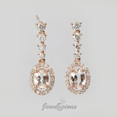 14K Rose Gold Natural Oval Morganite and Diamonds Halo Dangle Earrings - Image 1 of 3