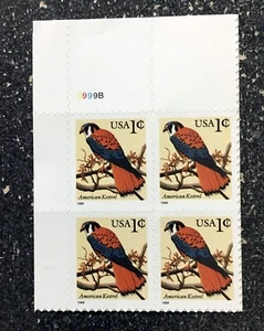 1999USA #3031 1c American Kestrel - Plate Block of 4 (#9999B) black date Mint - Picture 1 of 2