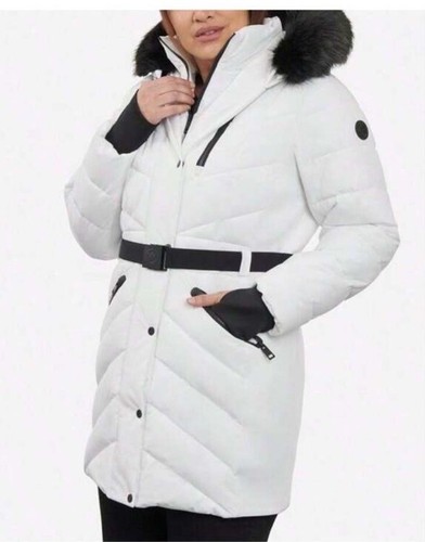MICHAEL KORS Cappotto donna taglie forti con cintura e pelliccia sintetica con cappuccio 3X nuovo con etichette