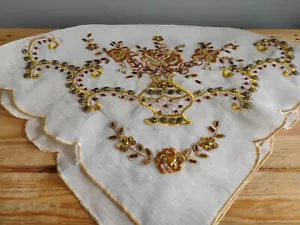 Square Gold & Cream Indian Decorative Beaded Tablecloth Sequinned Embroidery - Picture 1 of 7
