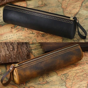 Retro Cowhide Leather Pen Pouch Zipper Pencil Case Stationery Storage Pen Bag US - Picture 1 of 16