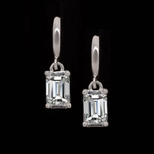 2 CARAT LAB CREATED DIAMOND DROP EARRINGS HUGGIE HOOP EMERALD CUT MINIMALIST 14k - Picture 1 of 1