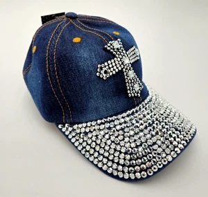Women's Denim Rhinestone Bling Sequin Christian CROSS Ball Cap Hat Brand NEW O/S - Picture 1 of 7