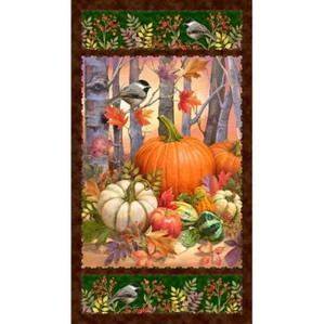Autumn Forest Harvest Pumpkins Gourds Chickadee 24x44 Cotton Fabric Panel - Picture 1 of 1