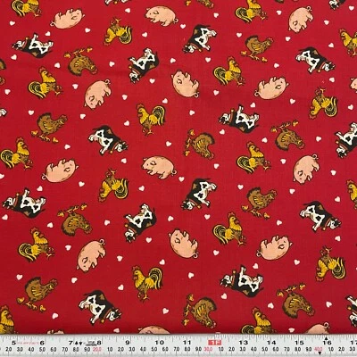 Vintage Cerdos Vacas Gallos y Corazones Tela Country Rojo Algodón por Media Yarda Foto 1 de 2
