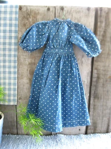 Ancienne robe de poupée Calico bleue à pois ancienne années 1890 - Photo 1 sur 17