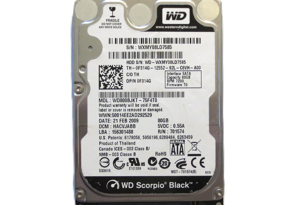 WD WD800BJKT-75F4T0 HACVJABB (WXMY) Thailand 2.5" 80gb Sata HDD 21FEB2009 - Image 1 of 1