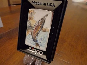 RAINBOW TROUT JUMPING OUT OF WATER FLY FISHING ZIPPO LIGHTER MINT IN BOX - Picture 1 of 3