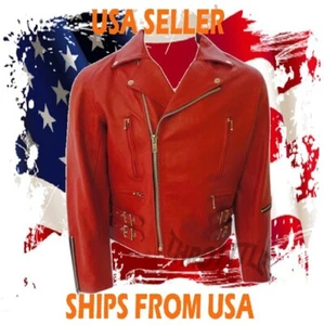 Men's Red Premium Genuine Leather Motorcycle Biker Zipper Buckle Belts Jacket - Picture 1 of 5