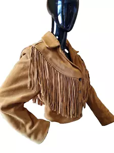 Vintage Retro Leather Suede Fringed Jacket Sz Small American Biker Tan Brown FAB - Picture 1 of 13