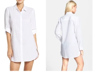 TOMMY BAHAMA White Crinkle Boyfriend Cover-Up Long Sleeve Cotton Shirt Dress S - Picture 1 of 10