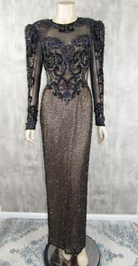 Vintage Lillie Rubin Nude Illusion Beaded Sequin Black Formal Gown Dress Sz 8 - Picture 1 of 16
