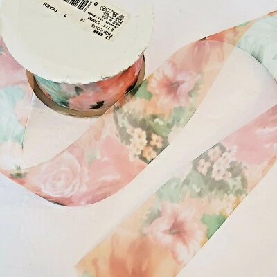 Vtg Sheer Ribbon Rose Flowers Offray Woven 2.25" x 15 Yds Mostly full Spool - Image 1 of 4