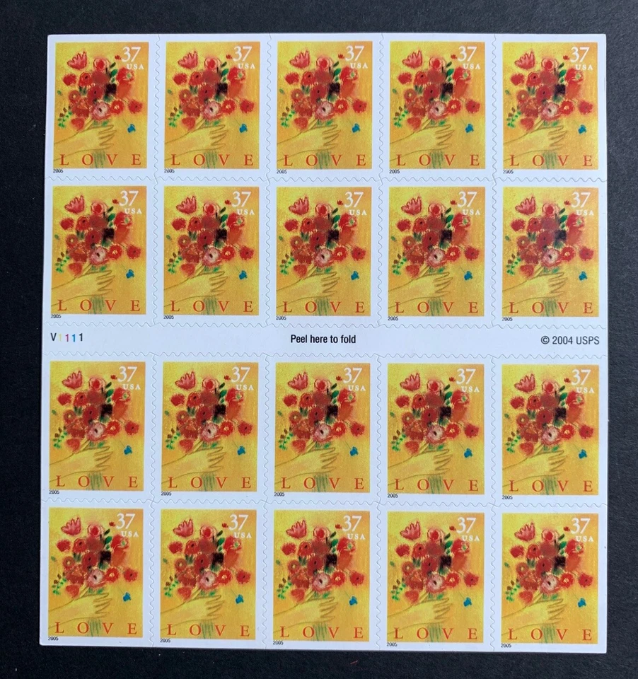 U.S. Stamps SC #3898a. 37¢ LOVE-BOUQUET Booklet Pane of 20. P#V1111 - Image 1 of 2