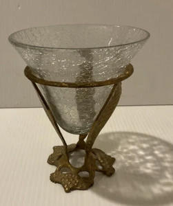 VTG Art Deco Glass Vase Brass Base Round Crackle Glass Planter Bowl Art Display - Picture 1 of 6