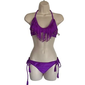 Raisins Juniors Two Piece Bikini Swimsuit Size XL Purple Fringe NWT - Picture 1 of 6