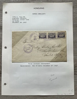 Honduras Correo Ambulante Three Centavos Overpayment New Orleans 1917 Cover - Image 1 of 3