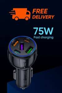 5 Port USB Type-C 75W Super Fast Car Charger for iPhone, Samsung, Android Phones - Picture 1 of 4