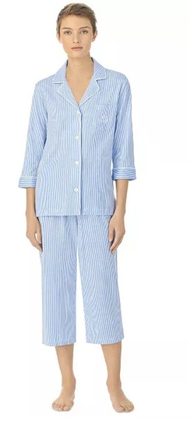 Lauren Ralph Lauren PJ Top Women's LARGE Blue White Striped 3/4 Sleeve 819702