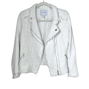 Carolina Belle Montreal Womens Sz M White Edgy Tweed Frayed Trim Moto Jacket - Picture 1 of 7