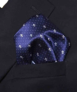 Gascoigne Pocket Square Silk Blend Blue White Fleur de Lis Polka Dot Men's - Picture 1 of 3
