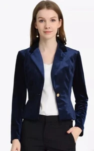 Allegra K Women's Size XL Work Shawl Collar One Button Velvet Short Blazer Blue - Picture 1 of 8