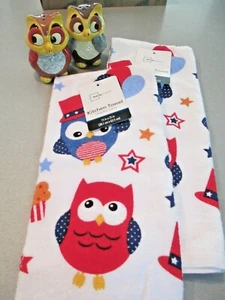 PATRIOTIC  OWLS SET OF KITCHEN TOWELS AND SALT AND PEPPER SET NWT      B1 - Picture 1 of 3