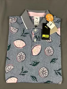 Puma Golf Shirt Polo Arnold Palmer Pink Lemonade Print Medium Blue NWT MSRP $80 - Picture 1 of 5