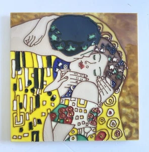 Hand Painted Ceramic Tile Wall Art Gustav Klimt The Kiss Wall Hanging 8” - Picture 1 of 4