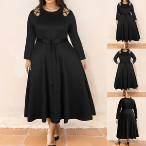 PLUS SIZE ⭐ Womens Plain Cold Shoulder Swing Dress Casual Long Sleeve Midi Dress - Picture 1 of 15