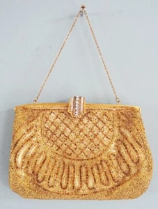 Vintage 1950s Purse Bag Ladies Gold Beaded Satin Beadwork Gilt Framed Rhinestone - Picture 1 of 16
