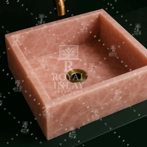 15" Handmade Square Rose Quartz Stone Sink Bowl – Textured Luxury Bathroom Basin - Picture 1 of 5