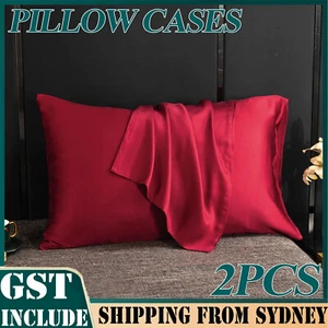 2Pcs Silk Satin Pillow Case Cover Solid Standard Bedding Smooth Pillowcase Red - Picture 1 of 4