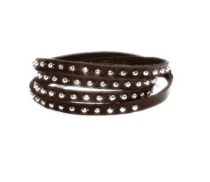 Silver Studded Leather Wrap Bracelet, 38 inch Brown Leather Wrap - Picture 1 of 5