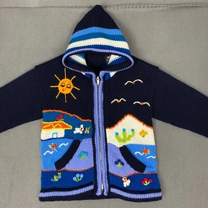Incas Inc Sweater Hoodie Youth 6 Blue Animals Sun Birds Wool Peru Whimsical - Picture 1 of 15