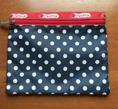 Vtg Lesportsac Travel Cosmetic Bag Zip Pouch Nylon Polka Dot Navy Blue 8x7” - Image 1 of 4