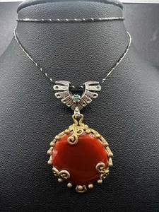 Vintage Carnelian Emerald Sterling Silver Brass Pendant Necklace With Chain - Picture 1 of 13