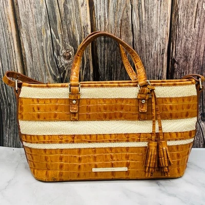 Bolso de mano Brahmin Asher a rayas de whisky rafia y cuero Foto 1 de 4