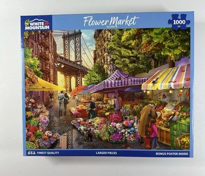 White Mountain Puzzles Flower Market 1000 Pieces Larger Pieces Bonus Poster Used - Image 1 of 4
