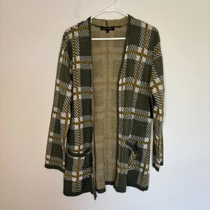 KATHY IRELAND NEU Strickjacke Damen M grün gold kariert offene Taschen - Bild 1 von 6