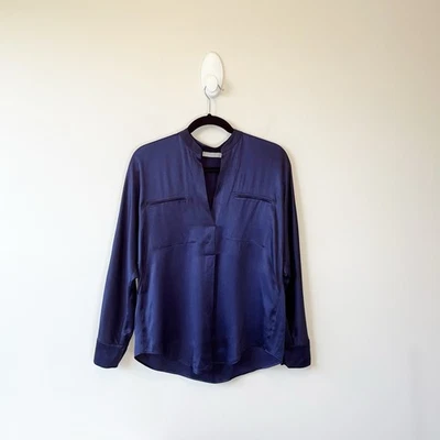 Blusa Top Vince Para Mujer 100% Seda Cuello Banda Popover Azul Marino Para Mujer Talla XS Foto 1 de 4