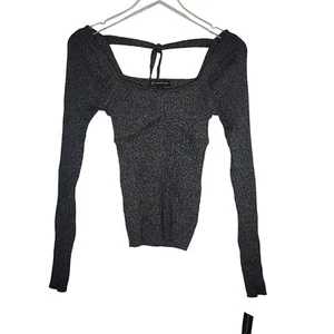 INC International Concepts Y2K Top Small Black Shimmery Square Neck Long Sleeve - Picture 1 of 6