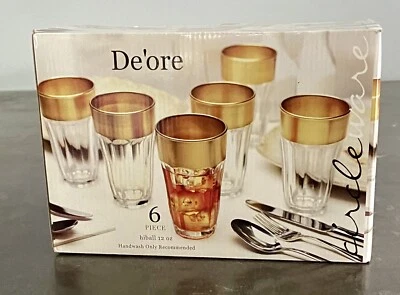 Lindo conjunto de 6 copos Circle Ware De’ore acabamento dourado, novo na caixa - Imagem 1 de 4