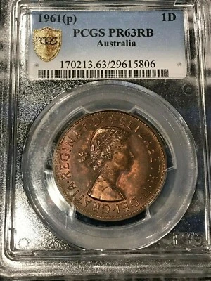PROOF PCGS PR63RB 1961 (P) PERTH MELBOURNE AUSTRALIA ONE PENNY 1 D COIN-JUN915 - Image 1 of 3