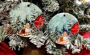 SNOWMAN AND BARN Ceramic & Metal Ornament, Decor Or Your Tree- Perfect Gift - Picture 1 of 5